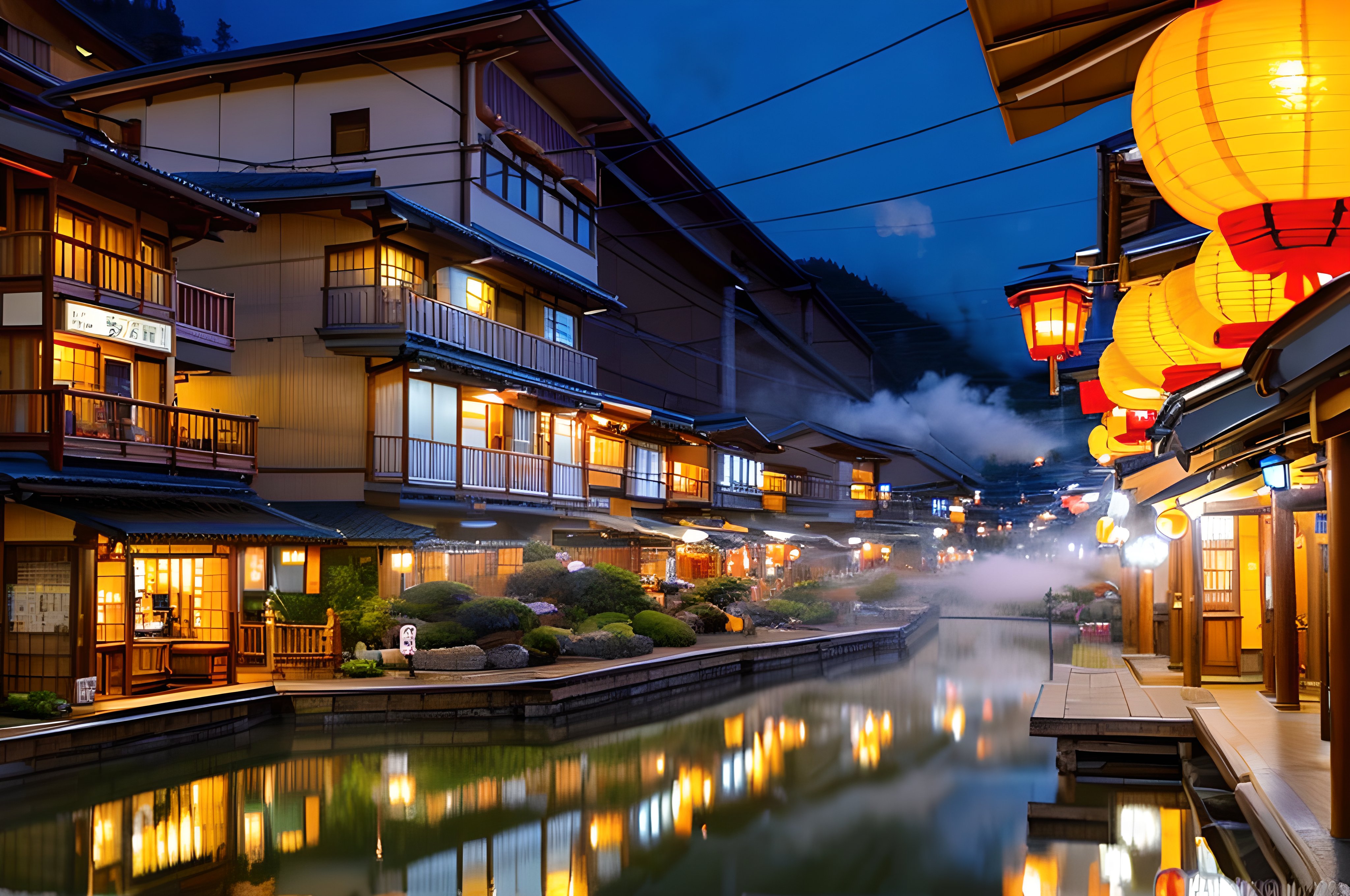 温泉街の夜景