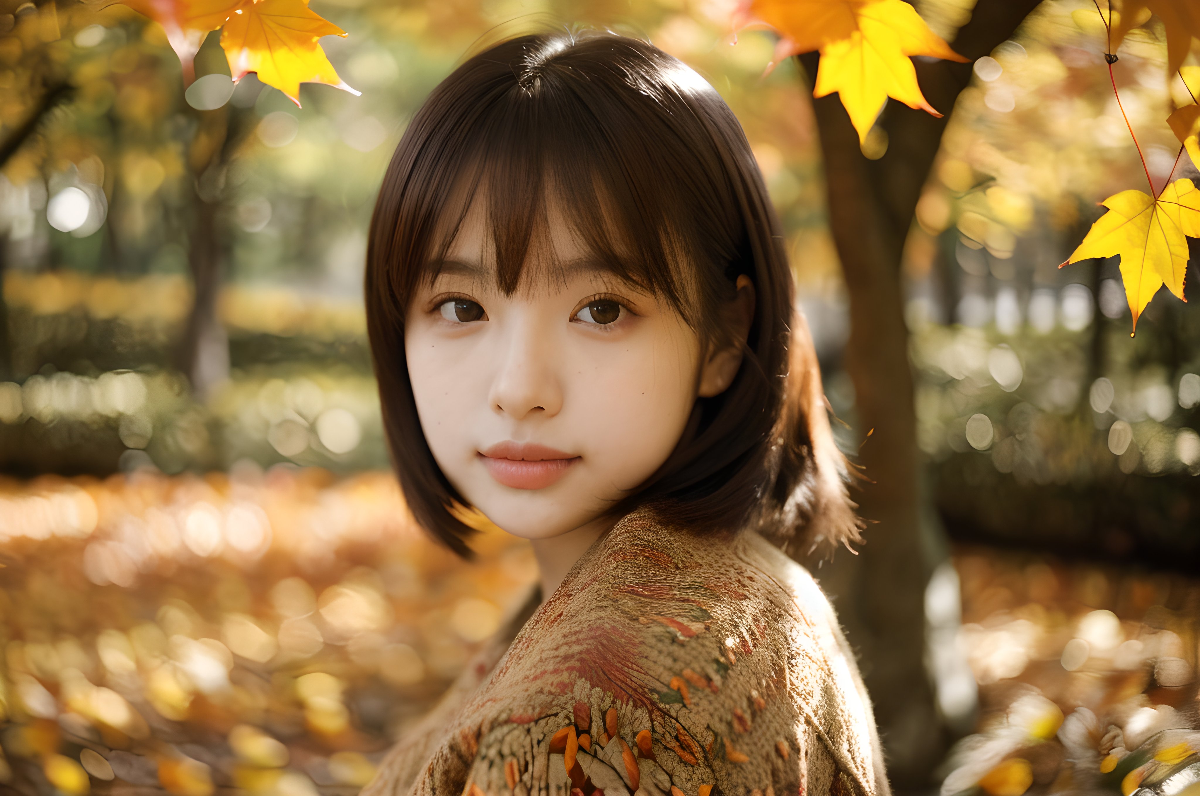 秋の紅葉を背景にしたポートレート